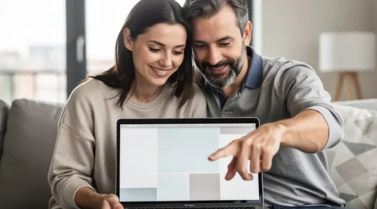 Couple consultant ensemble une simulation de crédit immobilier sur ordinateur portable