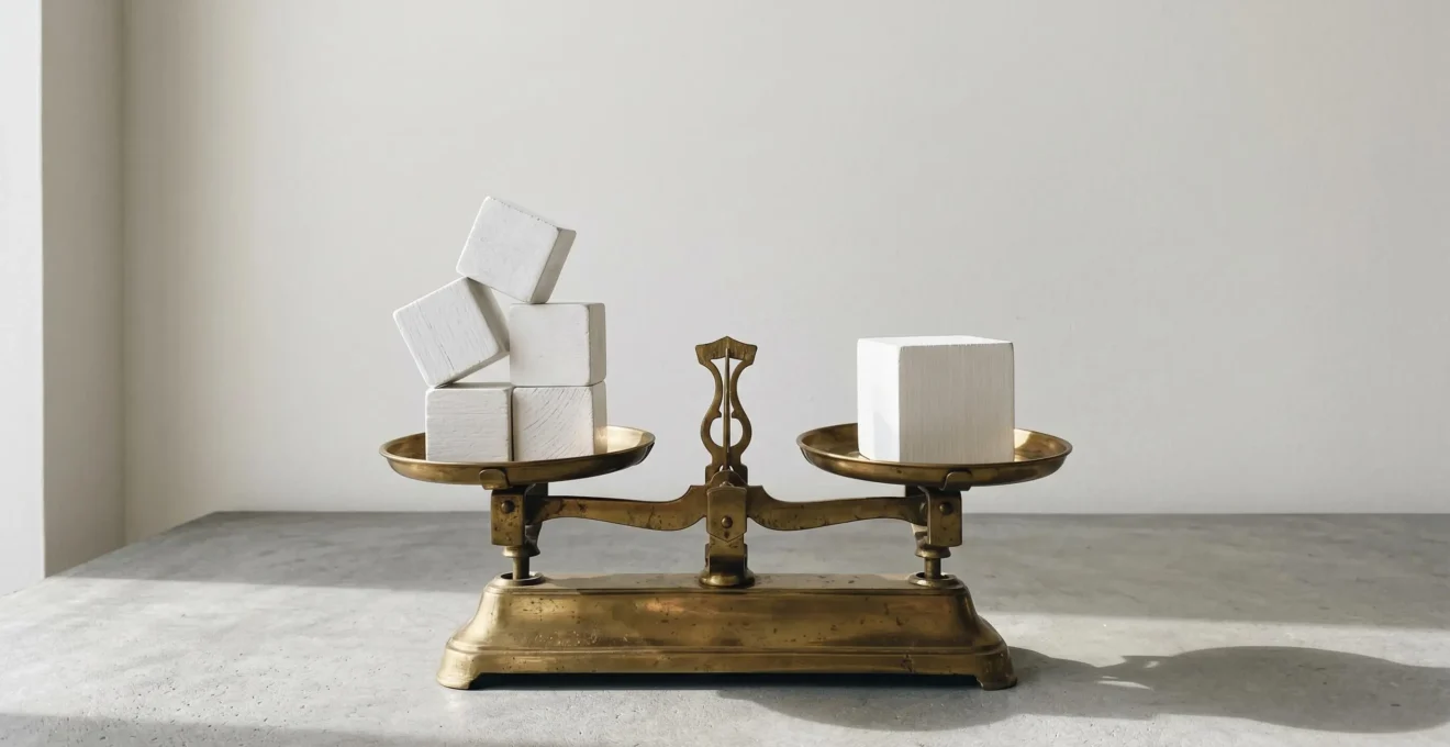 Balance dorée en équilibre, plusieurs petits cubes blancs empilés à gauche, un cube blanc unique à droite, fond gris clair