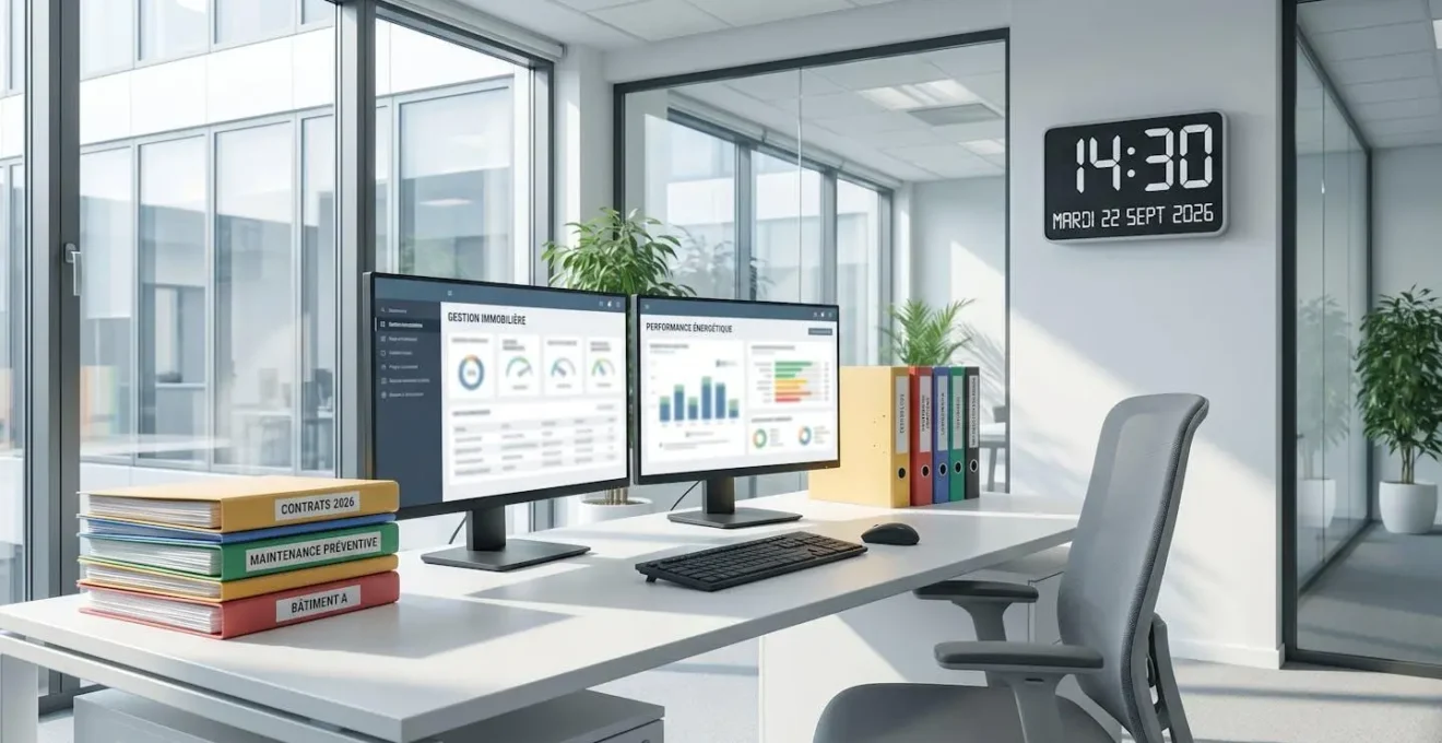 Bureau moderne de facility management avec écrans affichant des tableaux de bord de gestion immobilière et dossiers de maintenance organisés