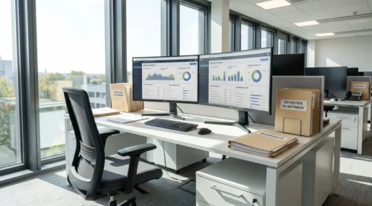 Bureau moderne de facility management avec écrans affichant des tableaux de bord de gestion immobilière et dossiers de maintenance organisés