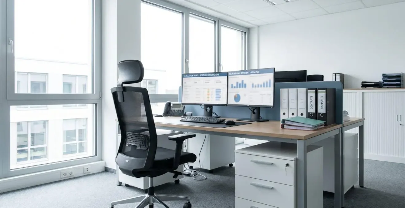 Bureau moderne de facility management avec écrans affichant des tableaux de bord de gestion immobilière et dossiers de maintenance organisés