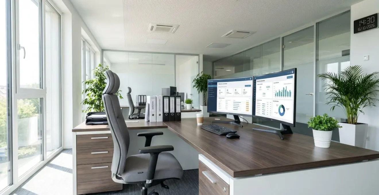 Bureau moderne de facility management avec écrans affichant des tableaux de bord de gestion immobilière et dossiers de maintenance organisés