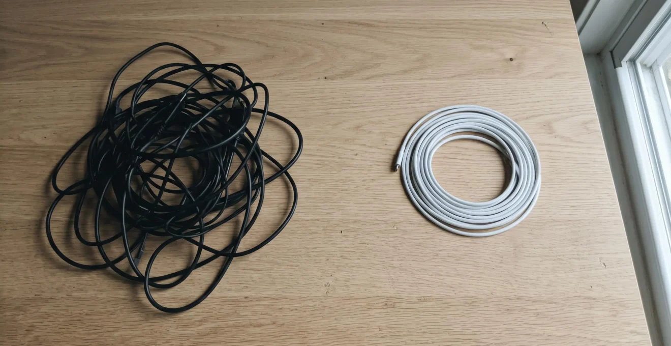 Sur une table en bois clair, fils électriques noirs emmêlés à gauche, câble blanc enroulé à droite, lumière douce venant de la droite