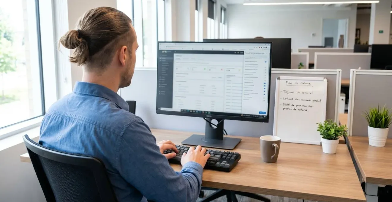 Gestionnaire de dos configurant un logiciel de gestion immobilière avec panneau de paramétrage des notifications visible à l
