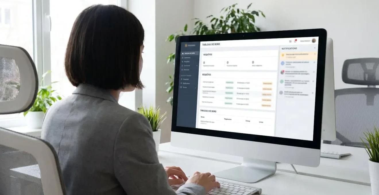 Gestionnaire de dos configurant un logiciel de gestion immobilière avec panneau de paramétrage des notifications visible à l