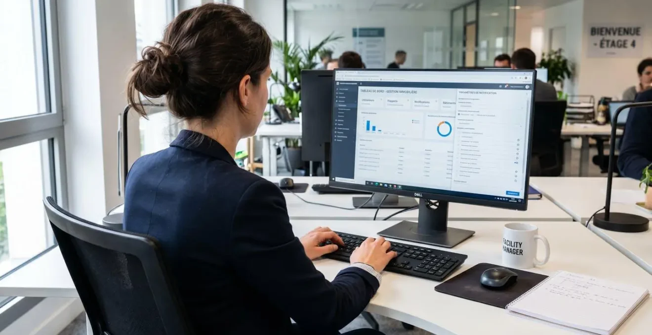 Gestionnaire de dos configurant un logiciel de gestion immobilière avec panneau de paramétrage des notifications visible à l