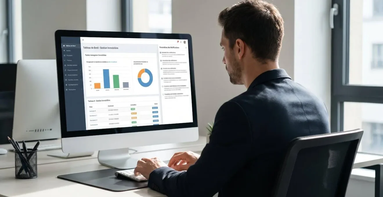 Gestionnaire de dos configurant un logiciel de gestion immobilière avec panneau de paramétrage des notifications visible à l