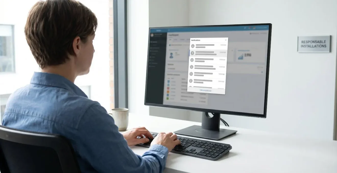 Gestionnaire de dos configurant un logiciel de gestion immobilière avec panneau de paramétrage des notifications visible à l