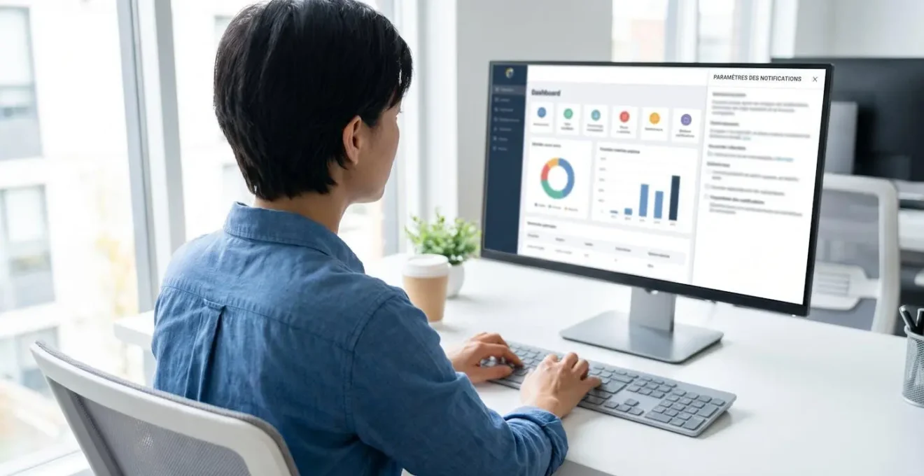 Gestionnaire de dos configurant un logiciel de gestion immobilière avec panneau de paramétrage des notifications visible à l