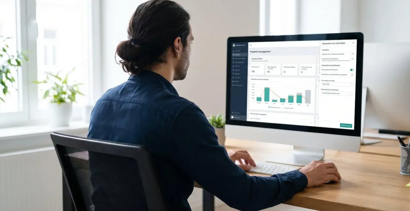 Gestionnaire de dos configurant un logiciel de gestion immobilière avec panneau de paramétrage des notifications visible à l