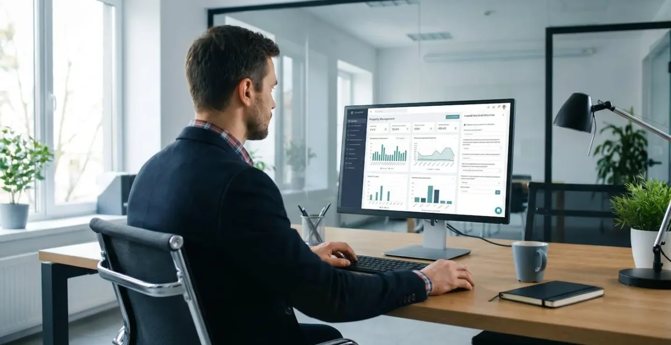 Gestionnaire de dos configurant un logiciel de gestion immobilière avec panneau de paramétrage des notifications visible à l