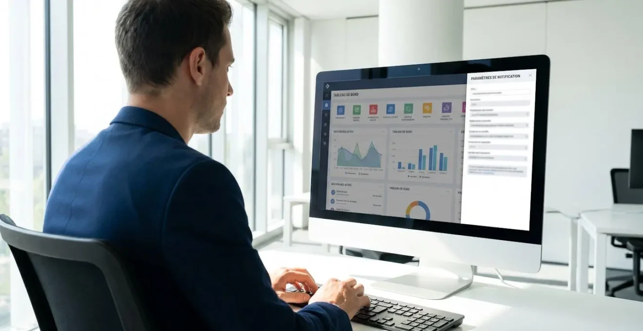 Gestionnaire de dos configurant un logiciel de gestion immobilière avec panneau de paramétrage des notifications visible à l
