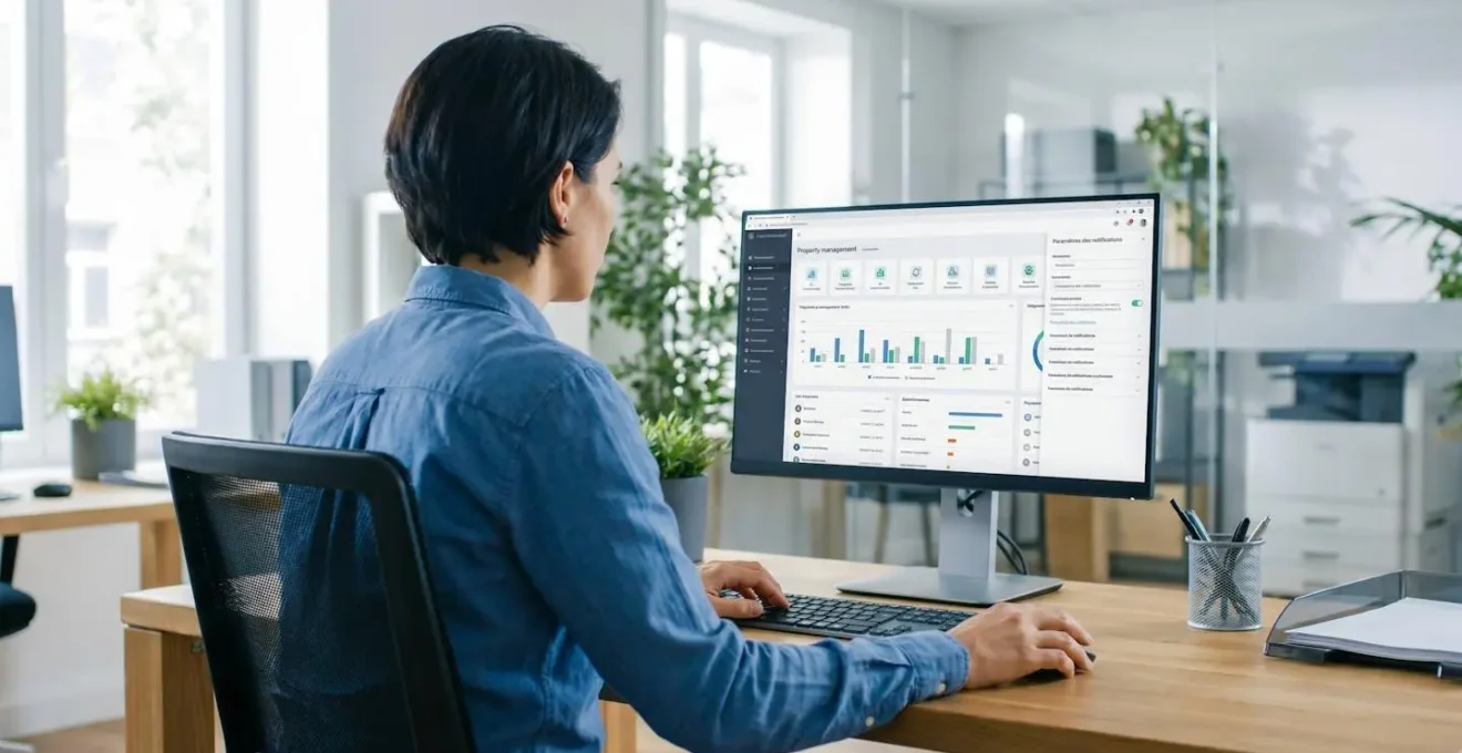 Gestionnaire de dos configurant un logiciel de gestion immobilière avec panneau de paramétrage des notifications visible à l