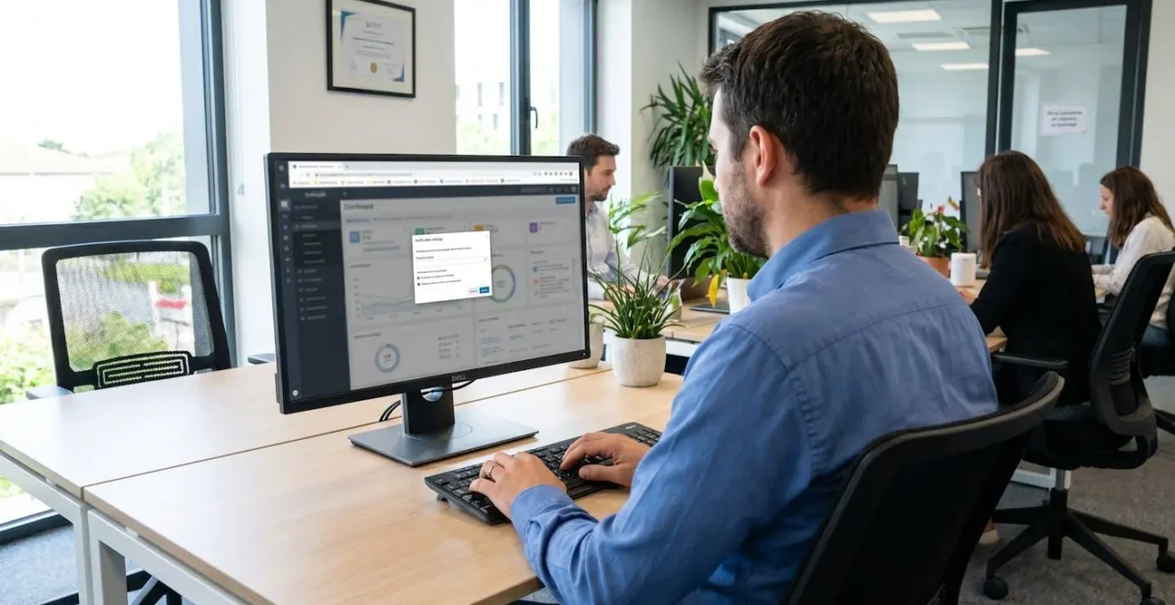 Gestionnaire de dos configurant un logiciel de gestion immobilière avec panneau de paramétrage des notifications visible à l