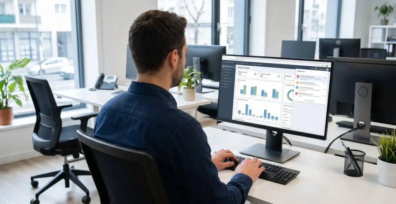 Gestionnaire de dos configurant un logiciel de gestion immobilière avec panneau de paramétrage des notifications visible à l