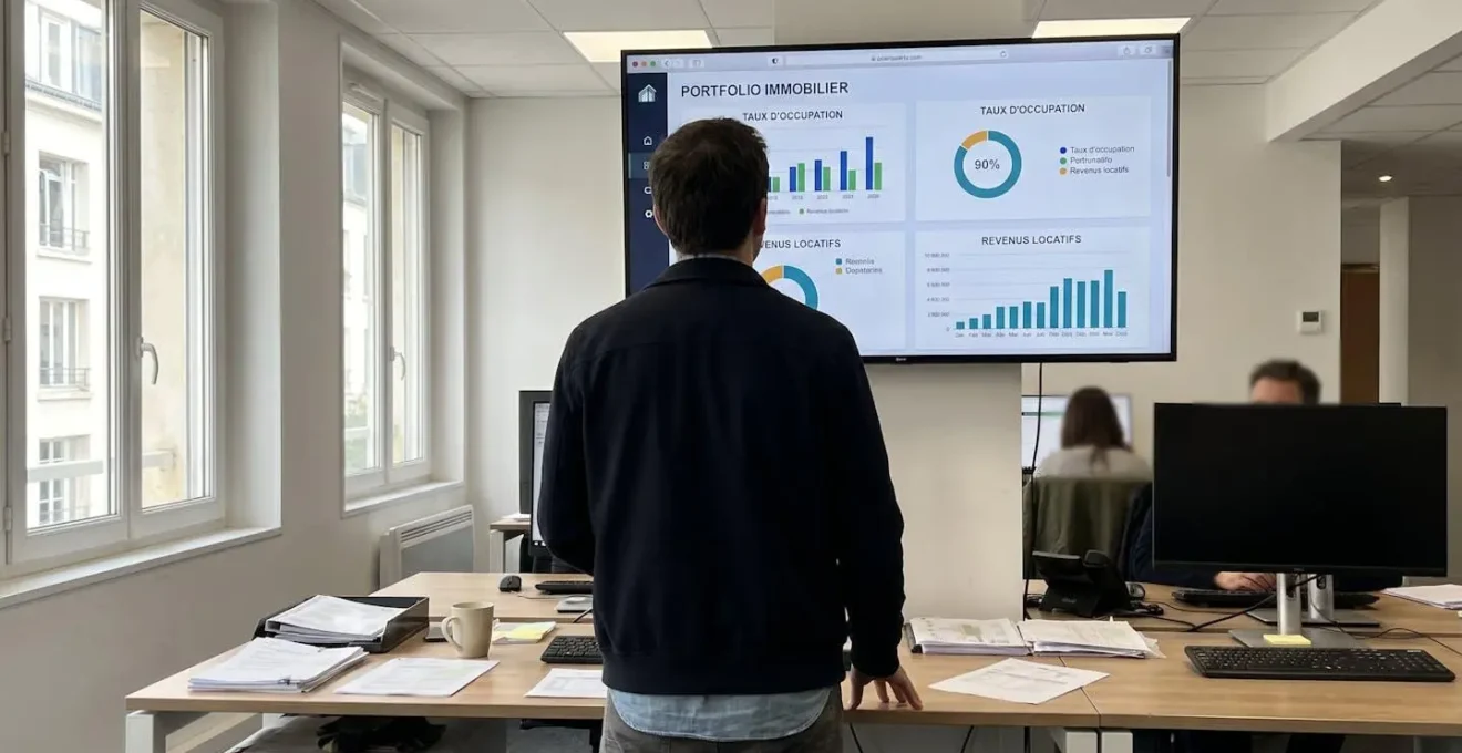 Gestionnaire immobilier consultant un tableau de bord numérique affichant les données d