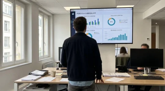 Gestionnaire immobilier consultant un tableau de bord numérique affichant les données d
