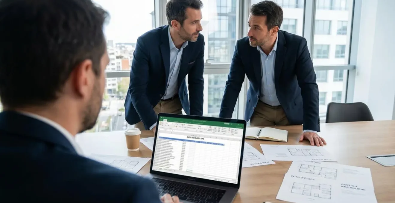 Deux gestionnaires immobiliers en réunion de travail analysant un tableur Excel de suivi DPE avec documents papier de plans de bâtiments