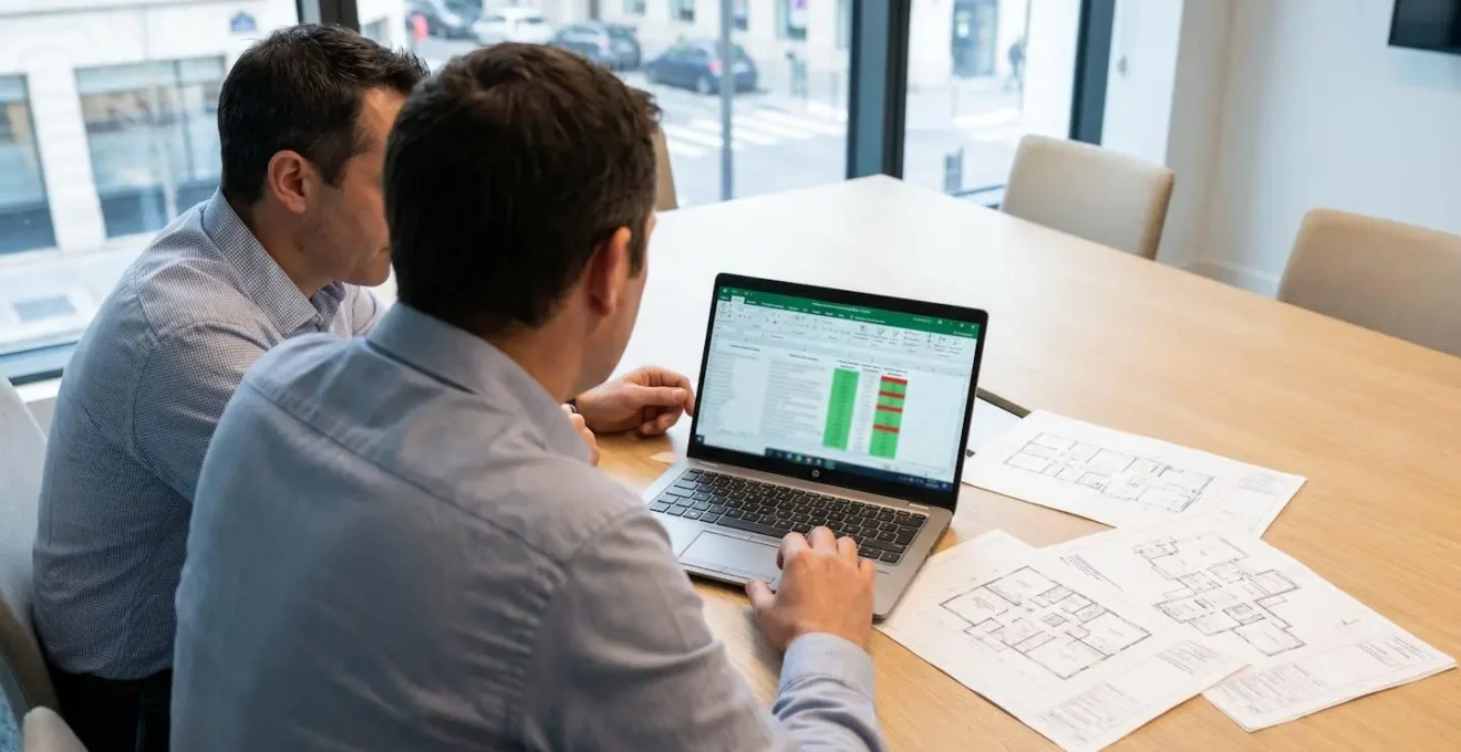 Deux gestionnaires immobiliers en réunion de travail analysant un tableur Excel de suivi DPE avec documents papier de plans de bâtiments