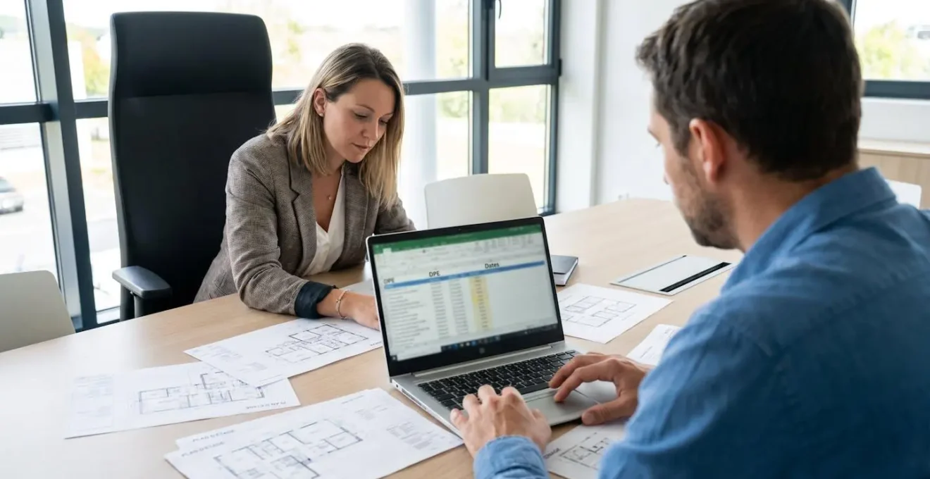 Deux gestionnaires immobiliers en réunion de travail analysant un tableur Excel de suivi DPE avec documents papier de plans de bâtiments