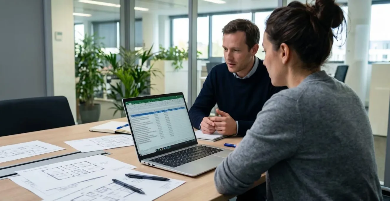 Deux gestionnaires immobiliers en réunion de travail analysant un tableur Excel de suivi DPE avec documents papier de plans de bâtiments