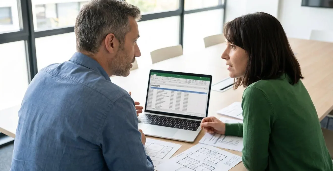 Deux gestionnaires immobiliers en réunion de travail analysant un tableur Excel de suivi DPE avec documents papier de plans de bâtiments