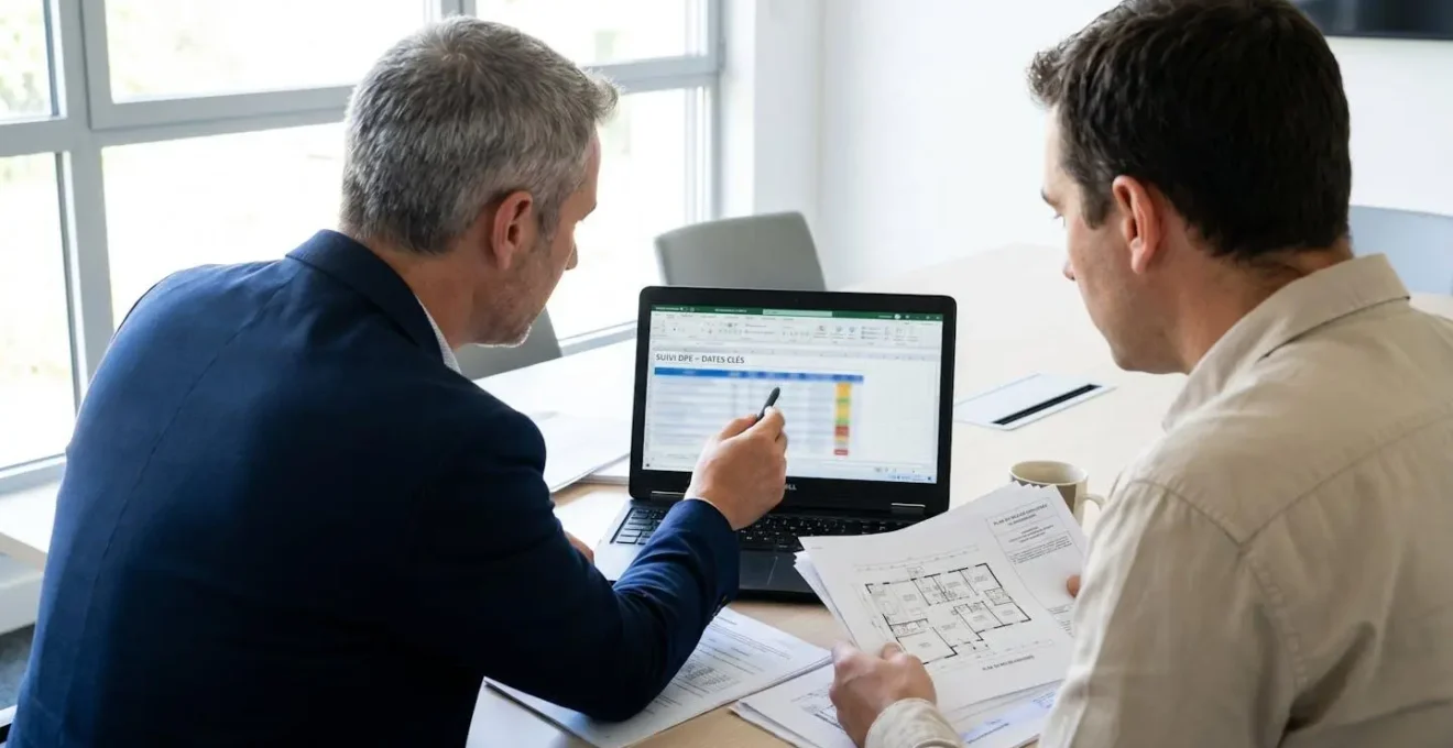 Deux gestionnaires immobiliers en réunion de travail analysant un tableur Excel de suivi DPE avec documents papier de plans de bâtiments