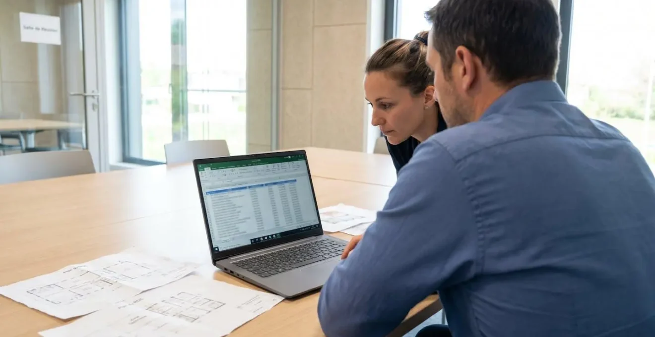 Deux gestionnaires immobiliers en réunion de travail analysant un tableur Excel de suivi DPE avec documents papier de plans de bâtiments