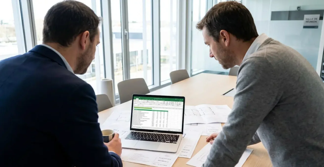 Deux gestionnaires immobiliers en réunion de travail analysant un tableur Excel de suivi DPE avec documents papier de plans de bâtiments
