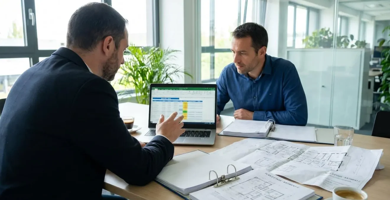 Deux gestionnaires immobiliers en réunion de travail analysant un tableur Excel de suivi DPE avec documents papier de plans de bâtiments