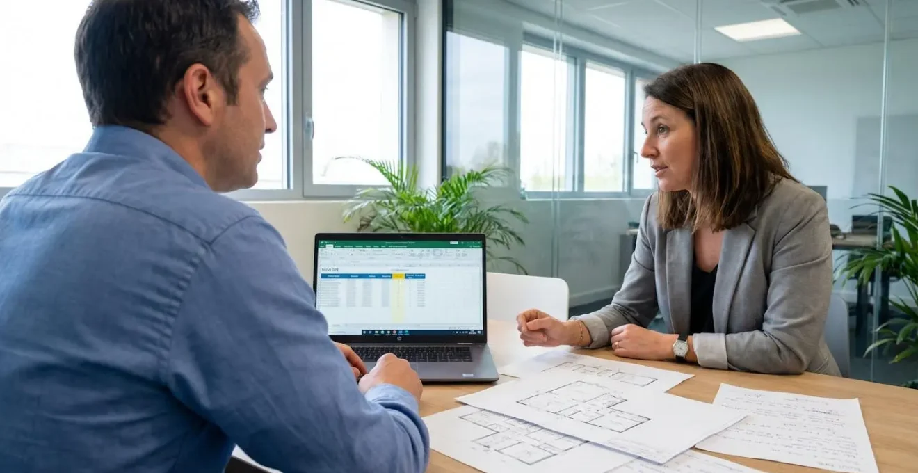 Deux gestionnaires immobiliers en réunion de travail analysant un tableur Excel de suivi DPE avec documents papier de plans de bâtiments