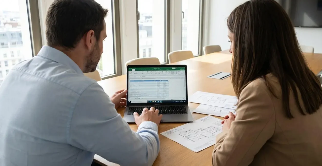 Deux gestionnaires immobiliers en réunion de travail analysant un tableur Excel de suivi DPE avec documents papier de plans de bâtiments