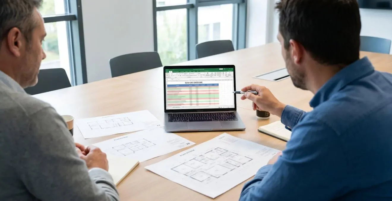 Deux gestionnaires immobiliers en réunion de travail analysant un tableur Excel de suivi DPE avec documents papier de plans de bâtiments