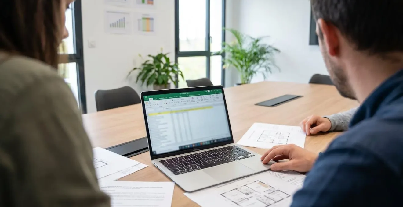 Deux gestionnaires immobiliers en réunion de travail analysant un tableur Excel de suivi DPE avec documents papier de plans de bâtiments
