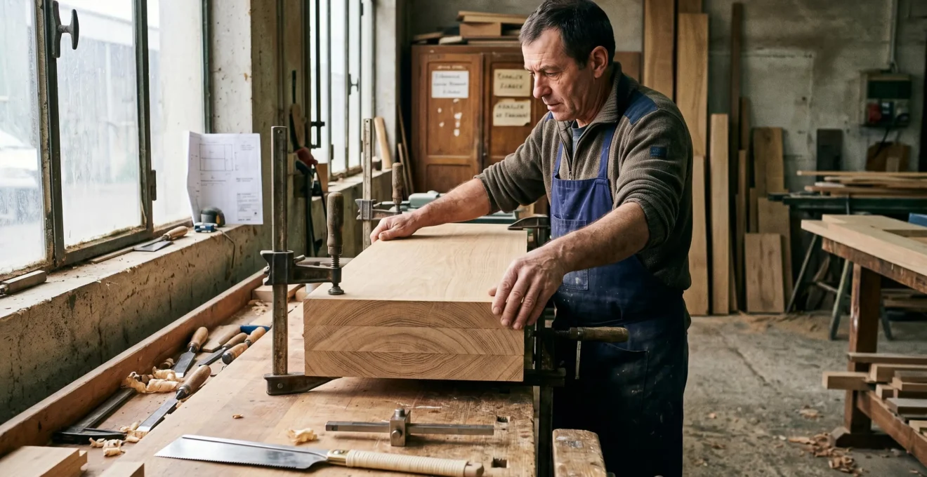 Établi de menuiserie montrant l'assemblage de trois couches de chêne en lamellé-collé 3 plis, avec étaux serrant les planches à fibres croisées