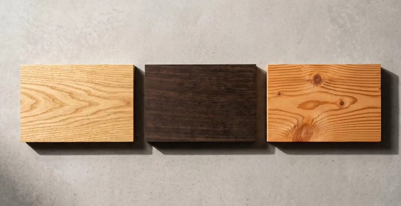 Trois échantillons de bois alignés horizontalement : chêne français miel à grain prononcé, tauari exotique brun foncé à grain fin, douglas orangé à nœuds visibles