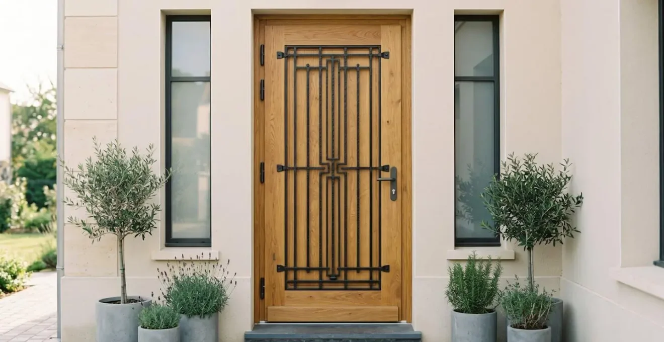 Porte d'entrée en chêne naturel avec grille en fer forgé à motifs géométriques, installée dans la façade moderne d'une maison française contemporaine