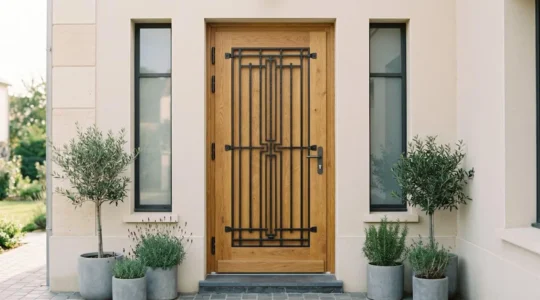 Porte d'entrée en chêne naturel avec grille en fer forgé à motifs géométriques, installée dans la façade moderne d'une maison française contemporaine