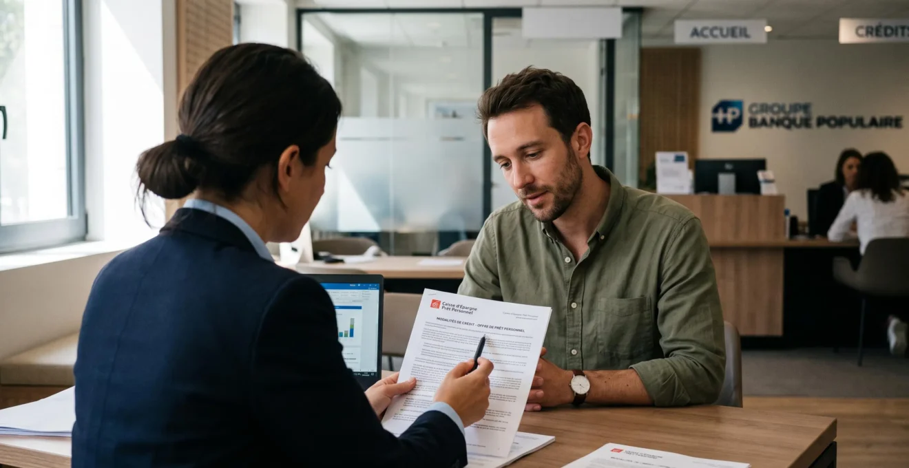 Une conseillère vue de derrière pointe les conditions d'une offre de prêt que le client lit attentivement au bureau.