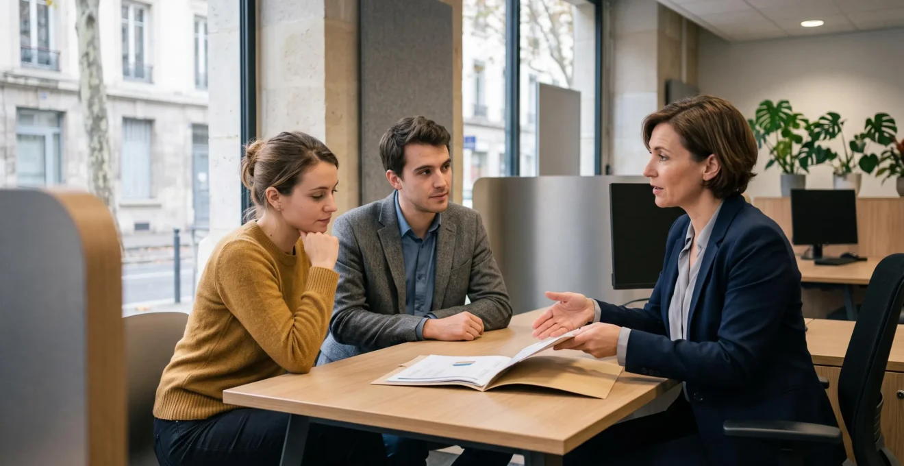 Un couple rencontre une conseillère bancaire autour d'un dossier de prêt personnel dans une agence lumineuse.