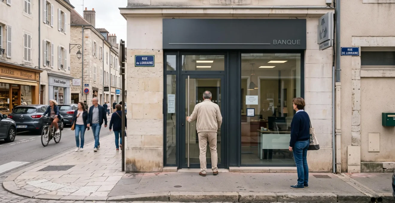 Un client entre dans une agence bancaire de quartier en pierre et verre, rue calme d'une ville française.
